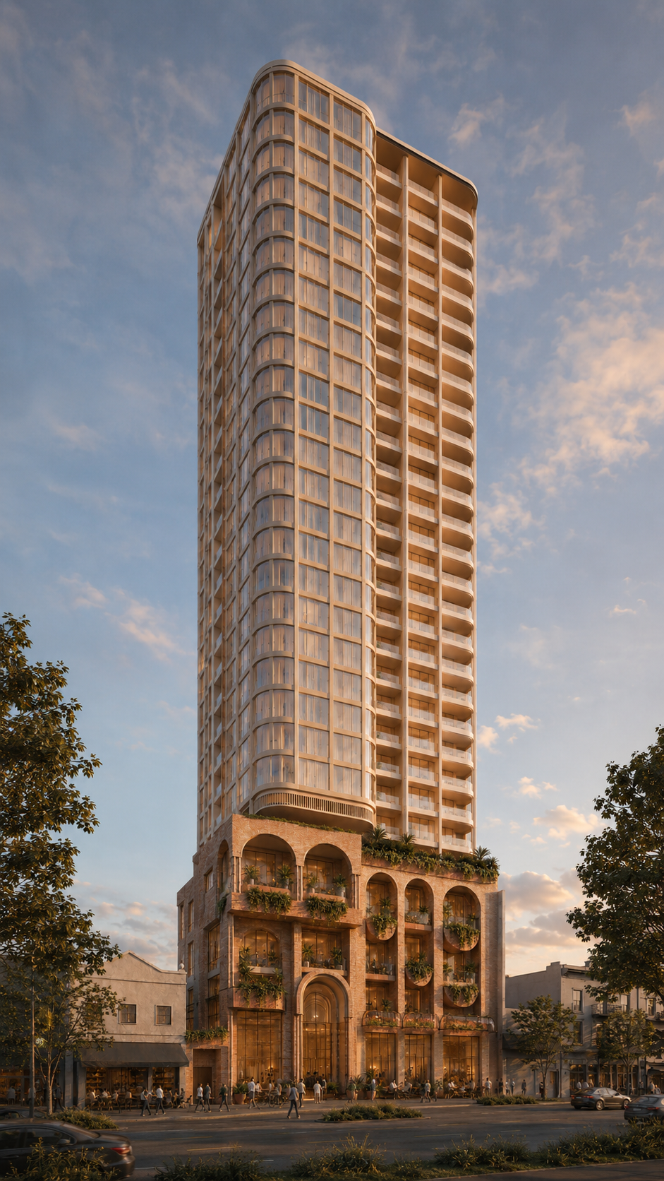 The George — a 32-storey tower above an arched brick podium, at sunset.